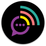 A purple speech bubble with 3 dots and 3 lines in yellow pink and green radiating out of the top right corner.