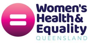 Pink circle with white equal sign Women's Health and Equality Queensland
